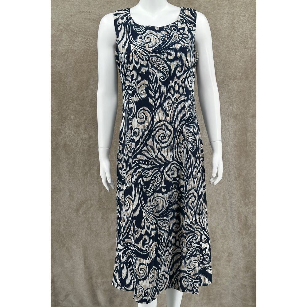 Studio I Dress Womens 8 Navy Tan Sleeveless Midi Paisley Modest Office Church